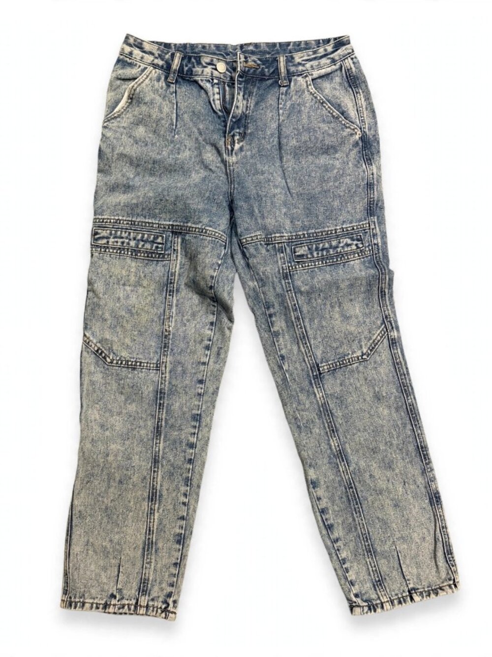 Acid Wash barrel Leg Utility Jeans Patch Pockets
